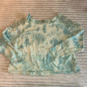 Teal Tie-Dye Long Sleeve Top with Cutout Details Size L/XL
